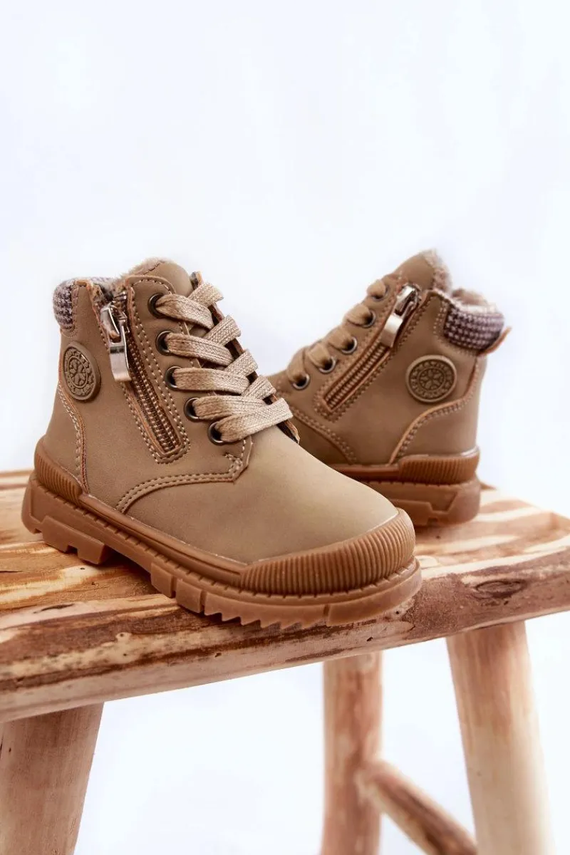 New Evento Dziecięce Ocieplane Futerkiem Botki Trapery Beżowe Hopper