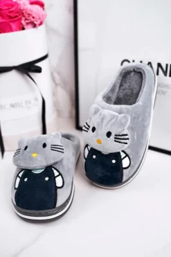 New Dziecięce Ocieplane Klapki Papcie Szare Kitty Dzieci Dziewczęce
