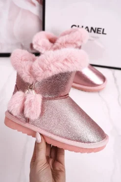 Dziewczęce>Boto Dziecięce Ocieplane Śniegowce Z Pomponami Różowe Clara