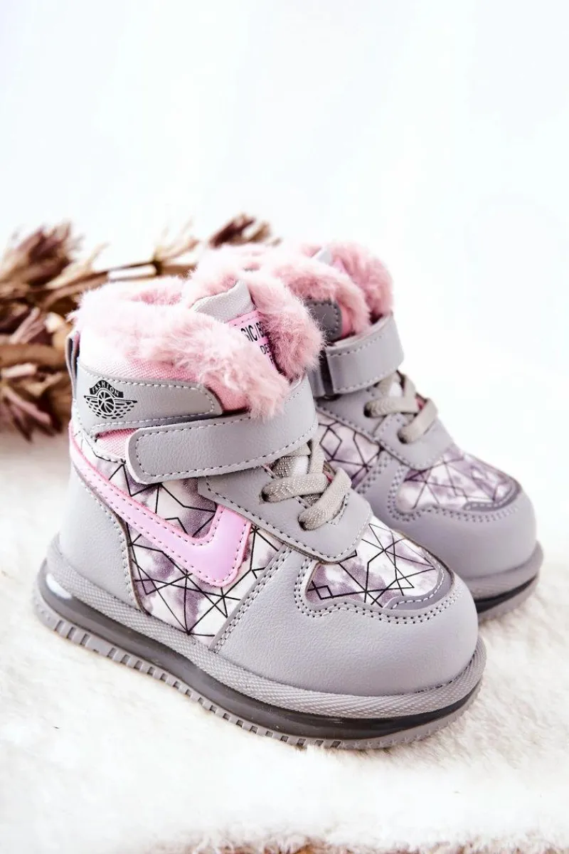Dziecięce Ocieplane Śniegowce Botki Szaro-Różowe Shirinell Dzieci Dziewczęce|Dziewczęce