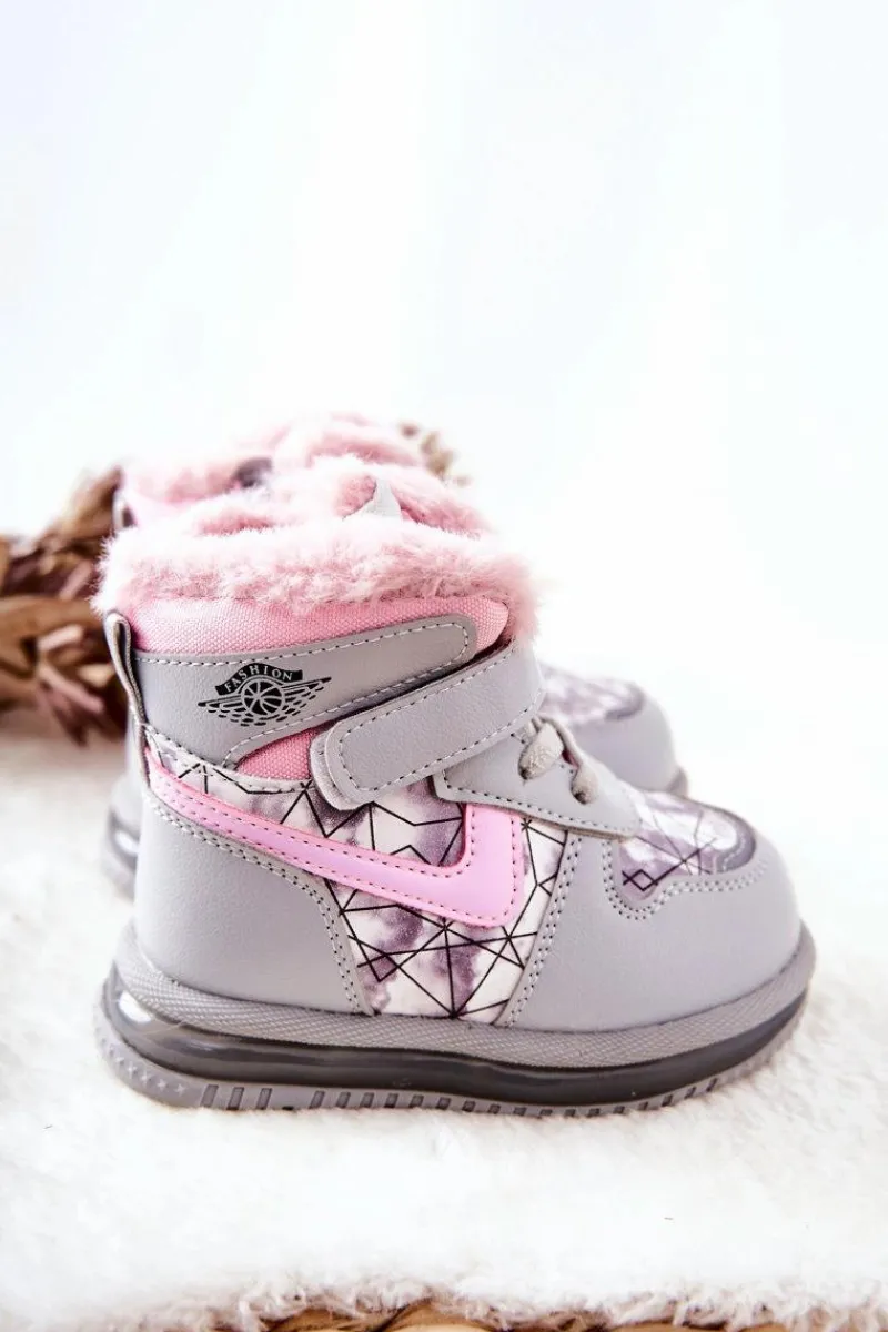 Dziecięce Ocieplane Śniegowce Botki Szaro-Różowe Shirinell Dzieci Dziewczęce|Dziewczęce