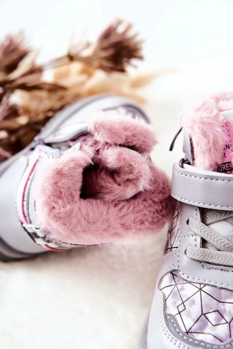 Dziecięce Ocieplane Śniegowce Botki Szaro-Różowe Shirinell Dzieci Dziewczęce|Dziewczęce