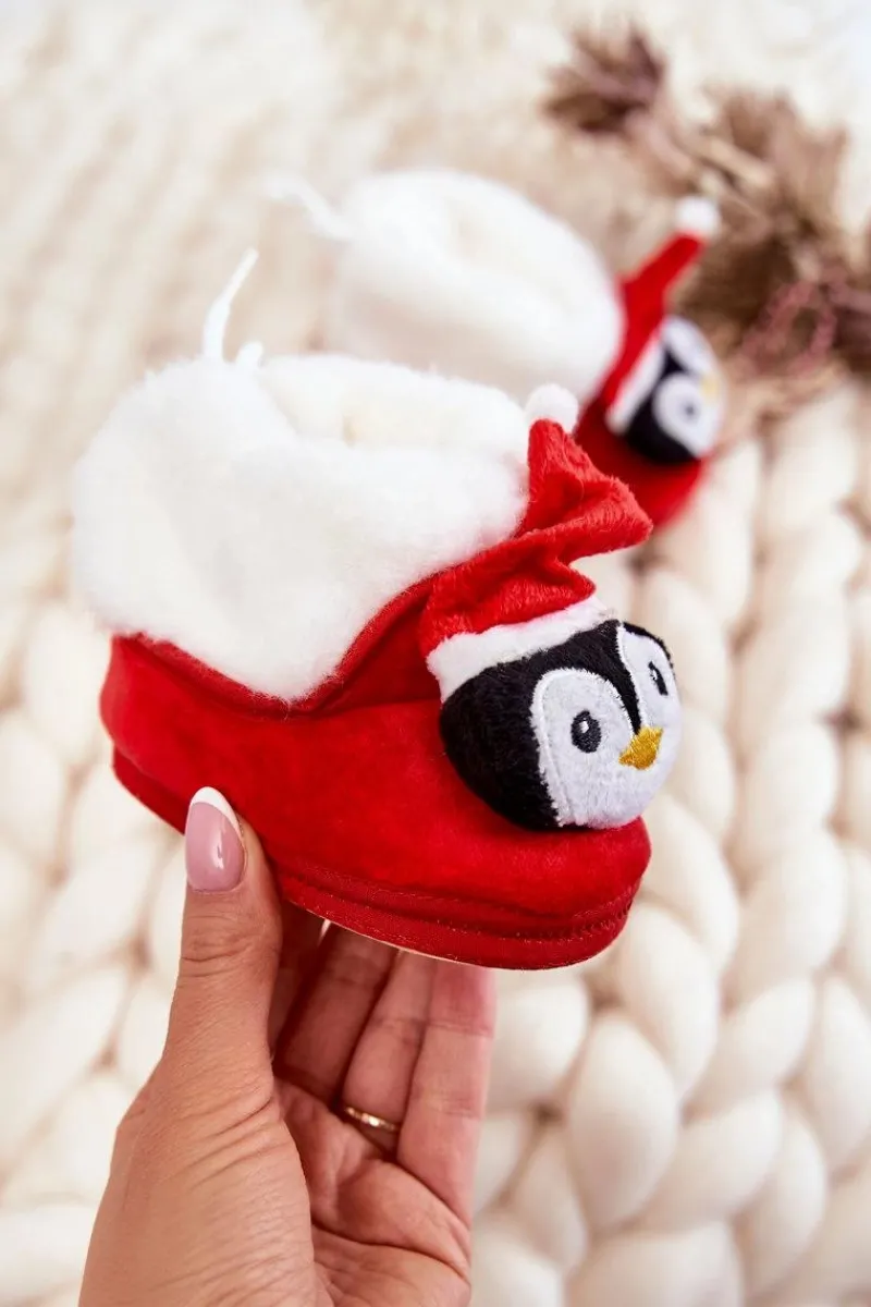 Clearance Dziecięce Ocieplane Papcie Pingwin Czerwone Dzieci Chłopięce|Dziewczęce