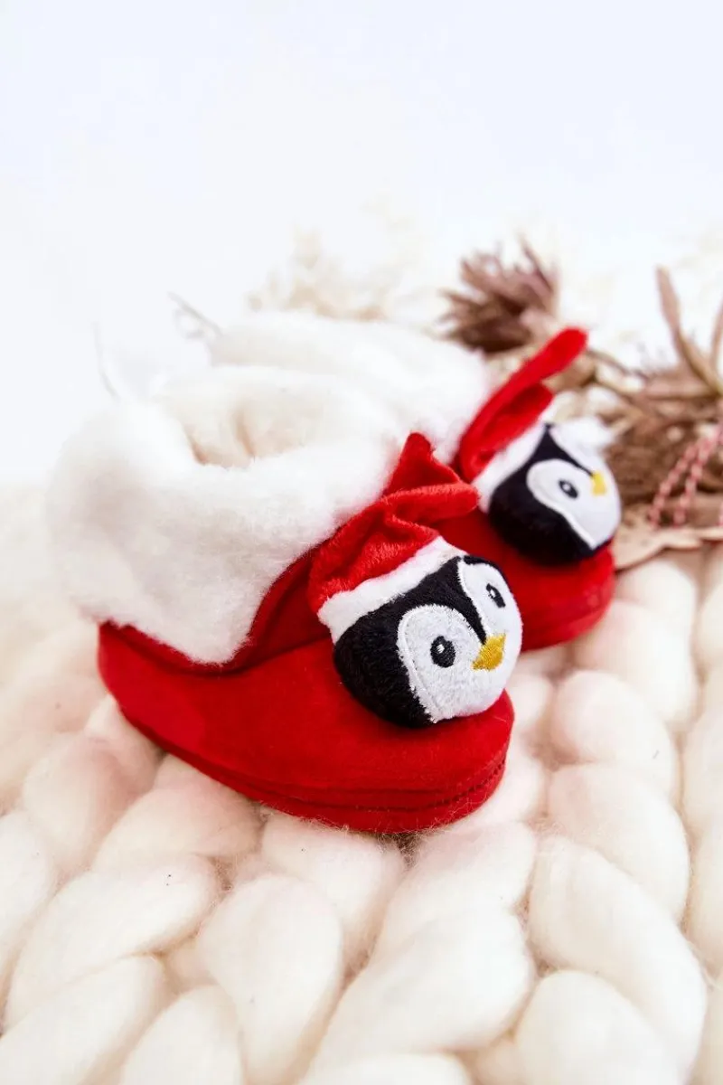 Clearance Dziecięce Ocieplane Papcie Pingwin Czerwone Dzieci Chłopięce|Dziewczęce