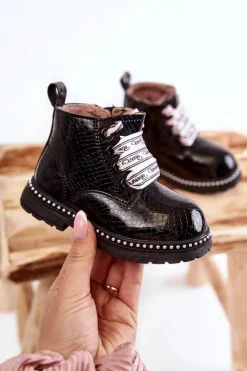 Clearance Dziecięce Ocieplane Skórzane Botki Czarne Dottie Dzieci Dziewczęce