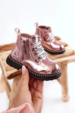 Outlet Dziecięce Ocieplane Skórzane Botki Różowe Dottie Dzieci Dziewczęce