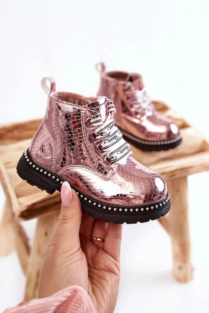 Outlet Dziecięce Ocieplane Skórzane Botki Różowe Dottie Dzieci Dziewczęce