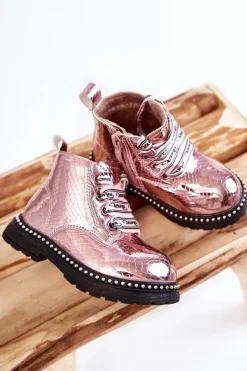 Outlet Dziecięce Ocieplane Skórzane Botki Różowe Dottie Dzieci Dziewczęce