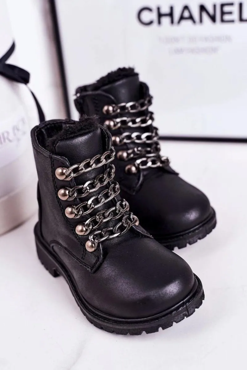 Outlet Boto Dziecięce Ocieplane Traperki Eko Skóra Łańcuch Czarne Rock&Roll