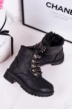 Outlet Boto Dziecięce Ocieplane Traperki Eko Skóra Łańcuch Czarne Rock&Roll