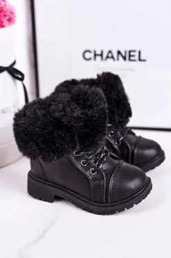 Dziewczęce>Boto Dziecięce Ocieplane Traperki Z Futerkiem Czarne Nella