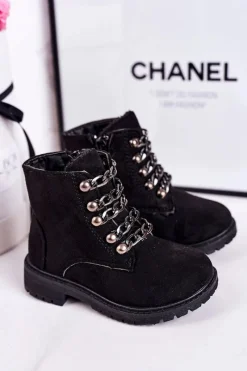 New Dziecięce Ocieplane Traperki Eko Zamsz Łańcuch Czarne Rock&Roll Dzieci Dziewczęce