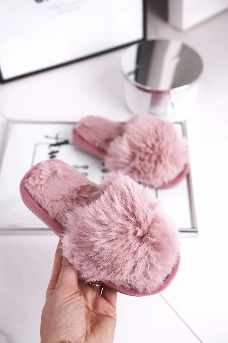 Dziecięce Papcie Klapki z Futerkiem Pudrowy Róż Snow Ball Dzieci Dziewczęce|Dziewczęce