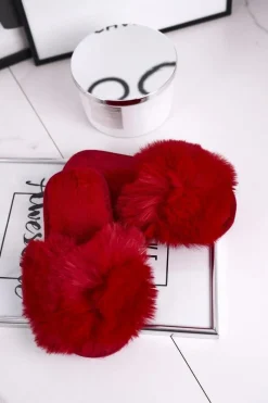 Dziecięce Papcie Klapki z Futerkiem Czerwone Snow Ball Dzieci Dziewczęce|Dziewczęce