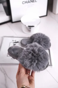 Outlet Boto Dziecięce Papcie Klapki z Futerkiem Szare Snow Ball