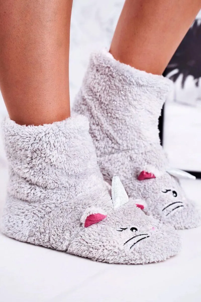 Dziewczęce>Aura.via Dziecięce Papcie Ocieplane Kożuszkiem Kotek Szare