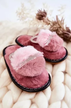 Best Boto Dziecięce Papcie Z Kotkiem I Cyrkoniami Ciemnoróżowe Carliss