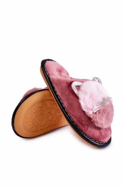 Best Boto Dziecięce Papcie Z Kotkiem I Cyrkoniami Ciemnoróżowe Carliss