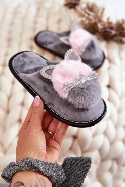 Clearance Boto Dziecięce Papcie Z Kotkiem I Cyrkoniami Szare Carliss