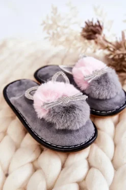 Clearance Boto Dziecięce Papcie Z Kotkiem I Cyrkoniami Szare Carliss