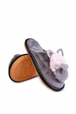 Clearance Boto Dziecięce Papcie Z Kotkiem I Cyrkoniami Szare Carliss