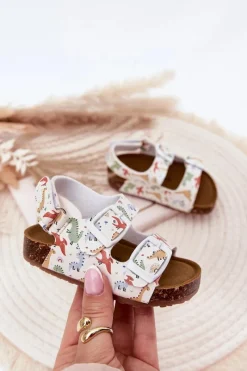 Online Dziecięce Sandałki Na Korkowej Podeszwie Z Klamrami Dinozaury Multikolor Thessa Dzieci Chłopięce|Dziewczęce