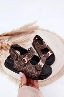 Clearance Dziecięce Sandałki Na Rzepy Ze Złotymi Detalami Brązowe Cavina Dzieci Dziewczęce