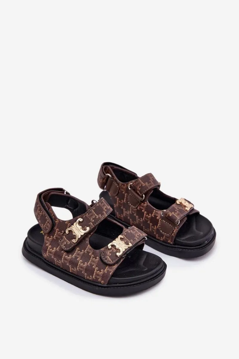 Clearance Dziecięce Sandałki Na Rzepy Ze Złotymi Detalami Brązowe Cavina Dzieci Dziewczęce
