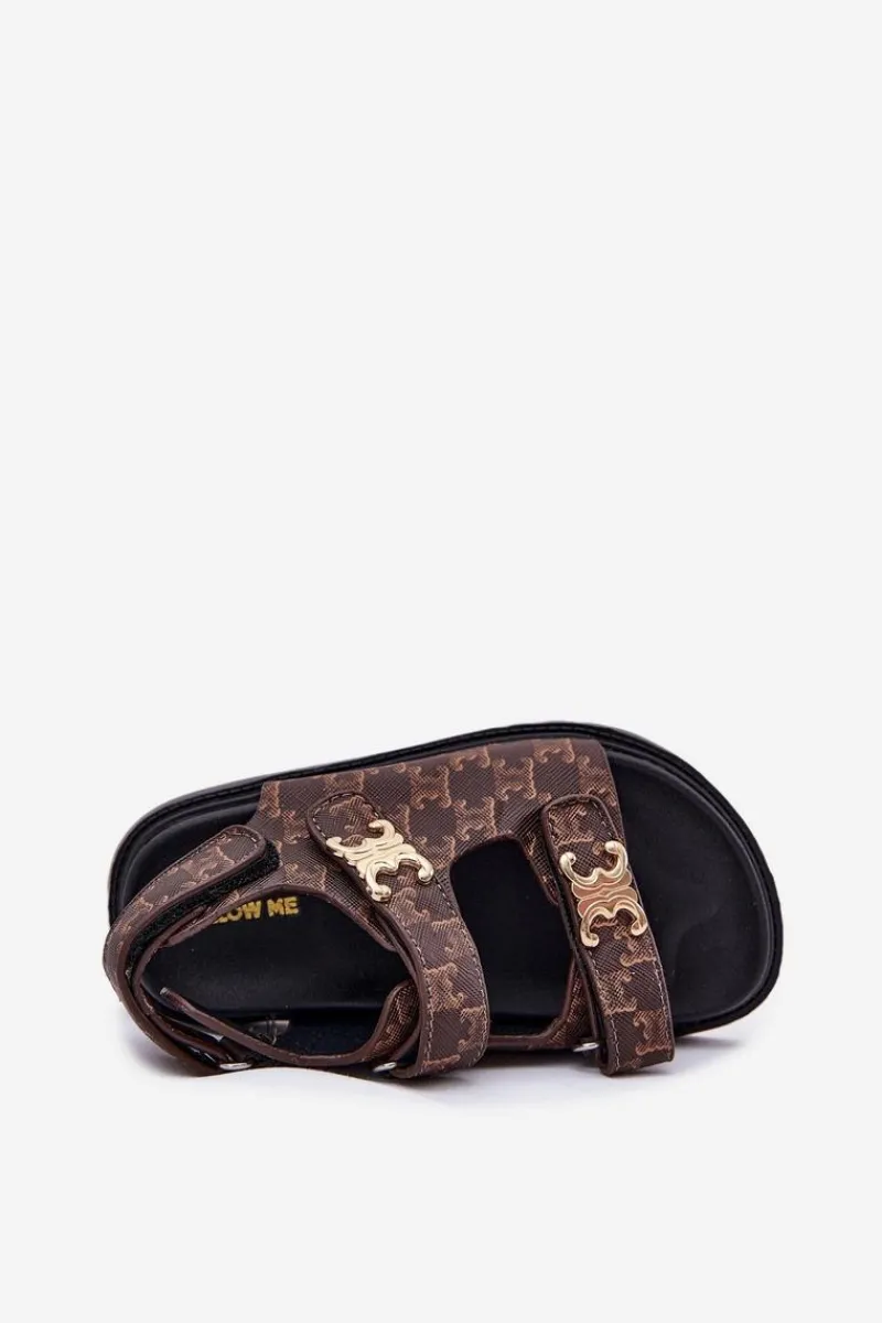 Clearance Dziecięce Sandałki Na Rzepy Ze Złotymi Detalami Brązowe Cavina Dzieci Dziewczęce