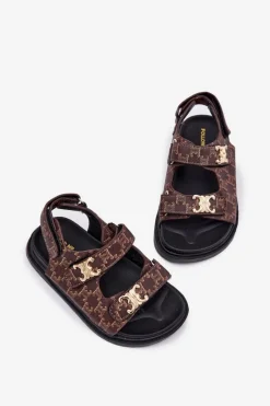 Clearance Dziecięce Sandałki Na Rzepy Ze Złotymi Detalami Brązowe Cavina Dzieci Dziewczęce