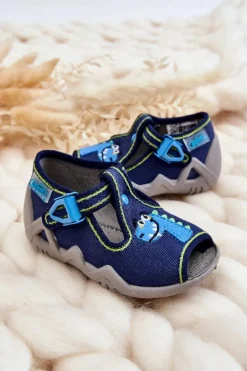 Clearance Dziecięce Sandałki Papcie Dinozaur 217P116 Granatowe Dzieci Chłopięce