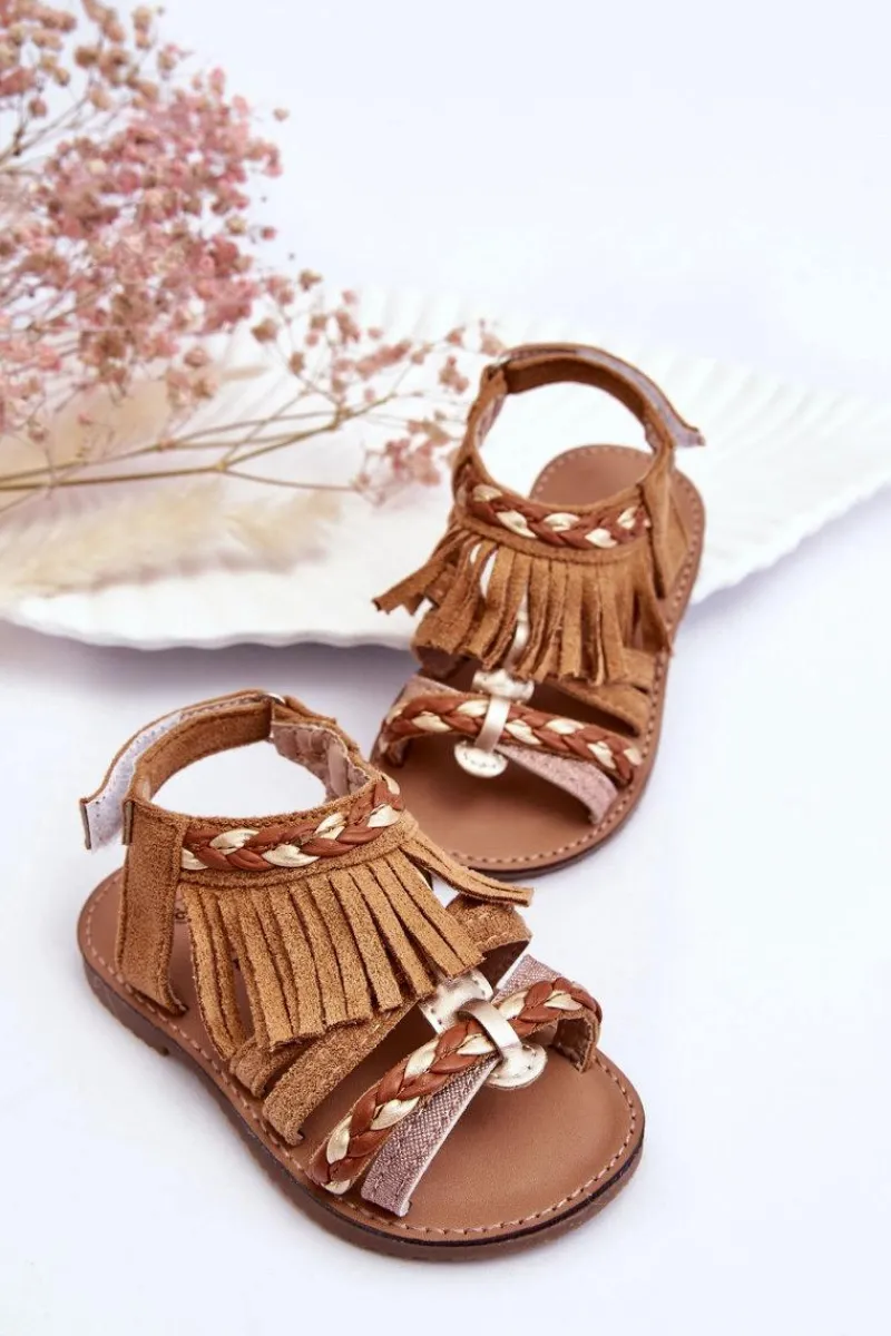 Dziewczęce>Boto Dziecięce Sandały Na Rzep Z Frędzelkami Brązowe Missy
