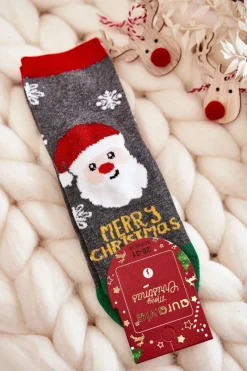 Skarpetki|Skarpetki>Aura.via Dziecięce Skarpetki "Merry Christmas" Mikołaj Szaro-Zielone