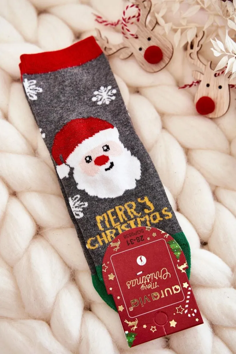 Skarpetki|Skarpetki>Aura.via Dziecięce Skarpetki "Merry Christmas" Mikołaj Szaro-Zielone