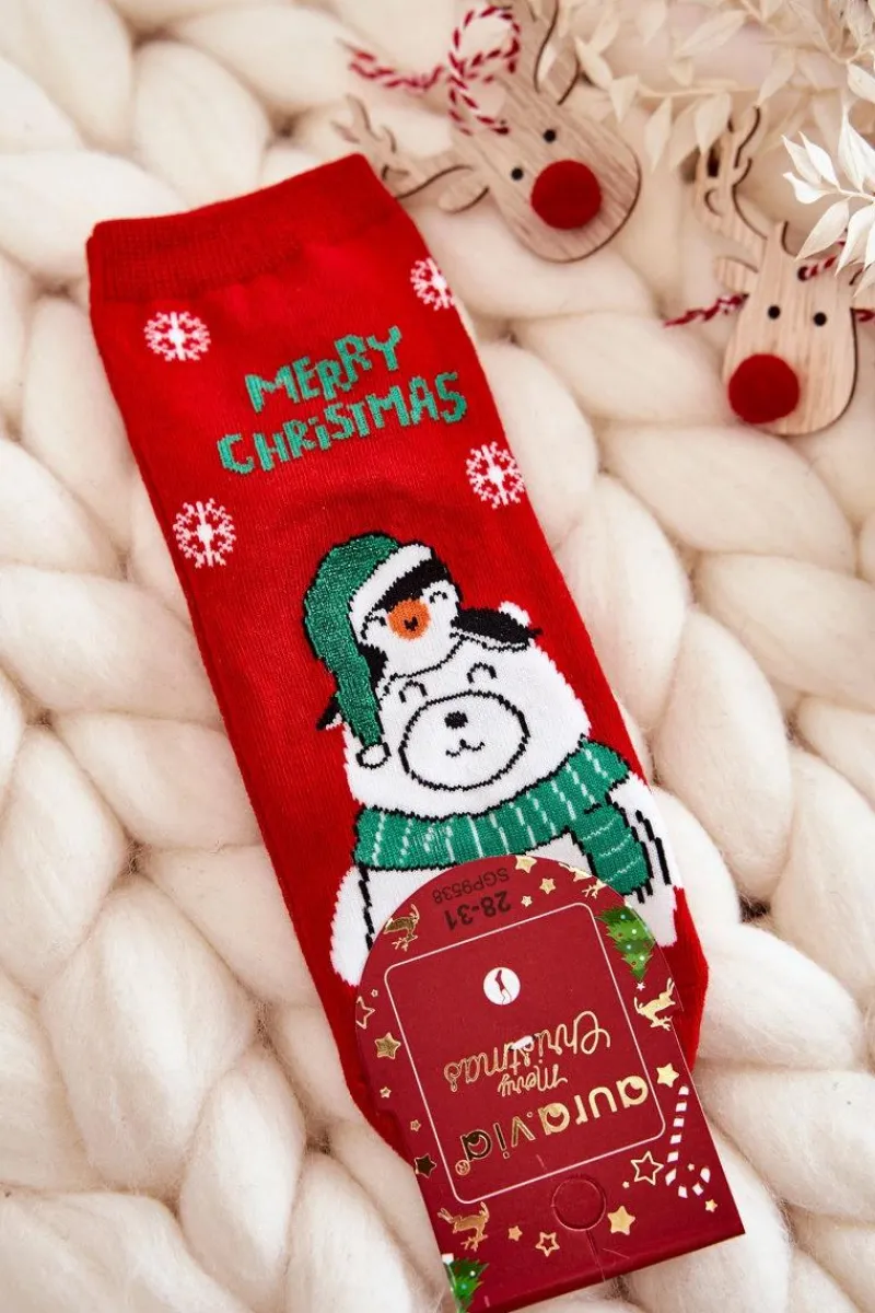 New Dziecięce Skarpetki "Merry Christmas" Miś Polarny Czerwone Skarpetki|Skarpetki