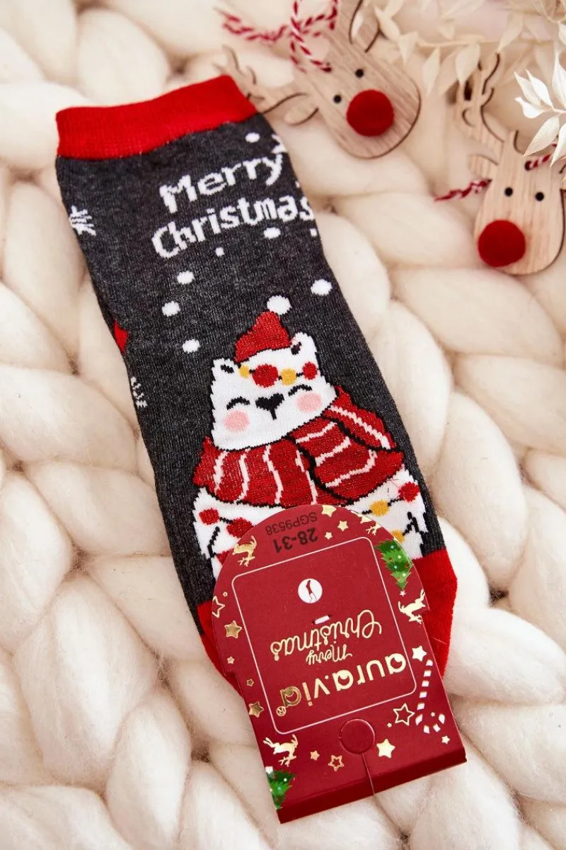 Skarpetki|Skarpetki>Aura.via Dziecięce Skarpetki "Merry Christmas" Misiu Szaro-Czerwone