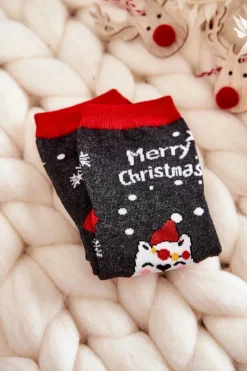 Skarpetki|Skarpetki>Aura.via Dziecięce Skarpetki "Merry Christmas" Misiu Szaro-Czerwone