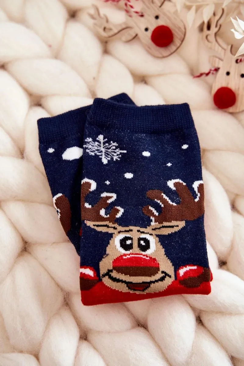 Skarpetki|Skarpetki>Aura.via Dziecięce Skarpetki "Merry Christmas" Renifer Granatowo-Czerwone