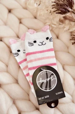 New Dziecięce Skarpety W Pasy Z Misiem Biało-Różowe Skarpetki|Skarpetki