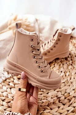 Chłopięce|Dziewczęce>Boto Dziecięce Skórzane Ocieplane Trampki Beżowe Bomi