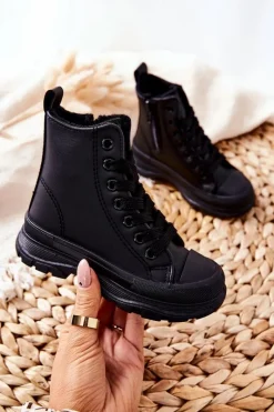 Best Boto Dziecięce Skórzane Ocieplane Trampki Czarne Bomi