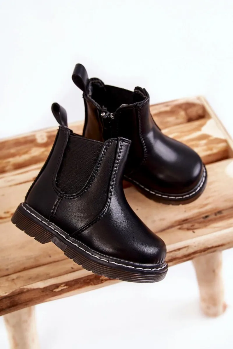 Dziewczęce>Boto Dziecięce Skórzane Ocieplane Botki Czarne Porky Czarny