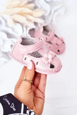 Dziewczęce>Boto Dziecięce Skórzane Sandałki Na Rzepy Różowe Flowers
