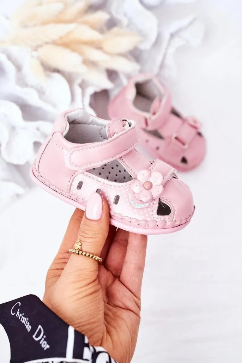 Dziewczęce>Boto Dziecięce Skórzane Sandałki Na Rzepy Różowe Flowers