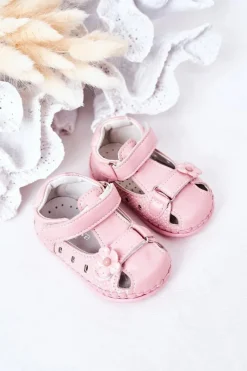 Dziewczęce>Boto Dziecięce Skórzane Sandałki Na Rzepy Różowe Flowers