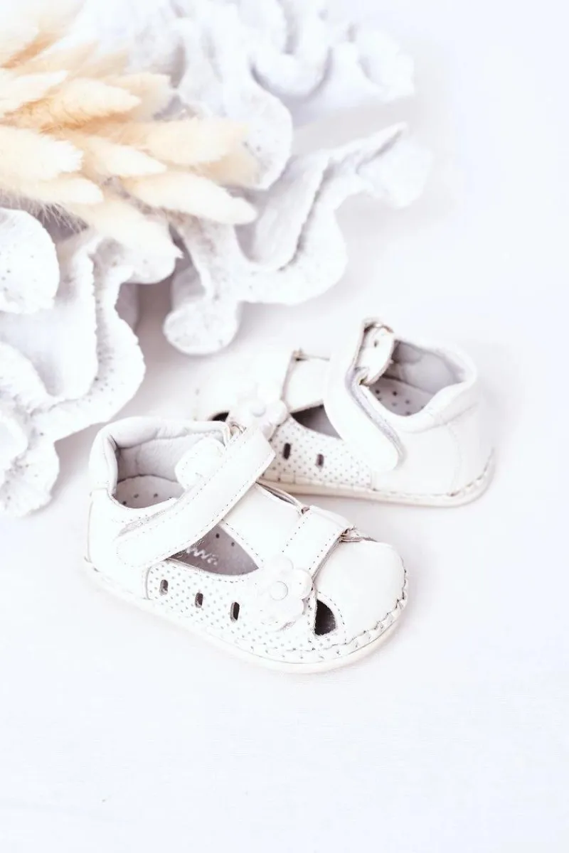 New Dziecięce Skórzane Sandałki Na Rzepy Białe Flowers Dzieci Dziewczęce