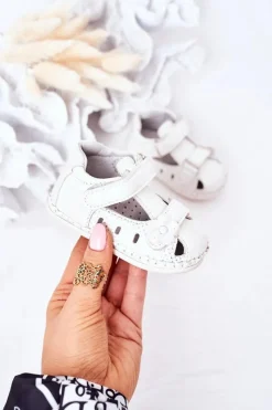 New Dziecięce Skórzane Sandałki Na Rzepy Białe Flowers Dzieci Dziewczęce