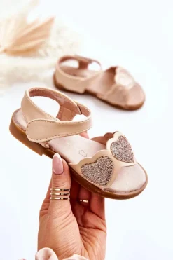 Clearance Damskie buty S.Barski Dziecięce Skórzane Sandały Brokatowe Serduszka Beżowe Luisa