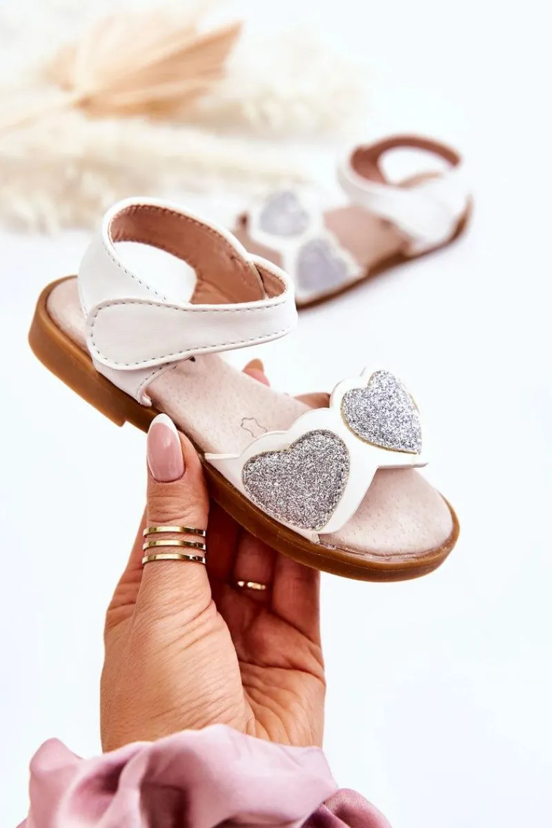 Online Dziecięce Skórzane Sandały Brokatowe Serduszka Białe Luisa Dzieci Dziewczęce