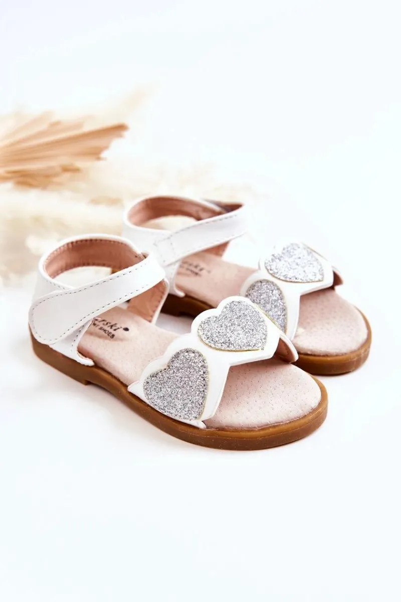 Online Dziecięce Skórzane Sandały Brokatowe Serduszka Białe Luisa Dzieci Dziewczęce